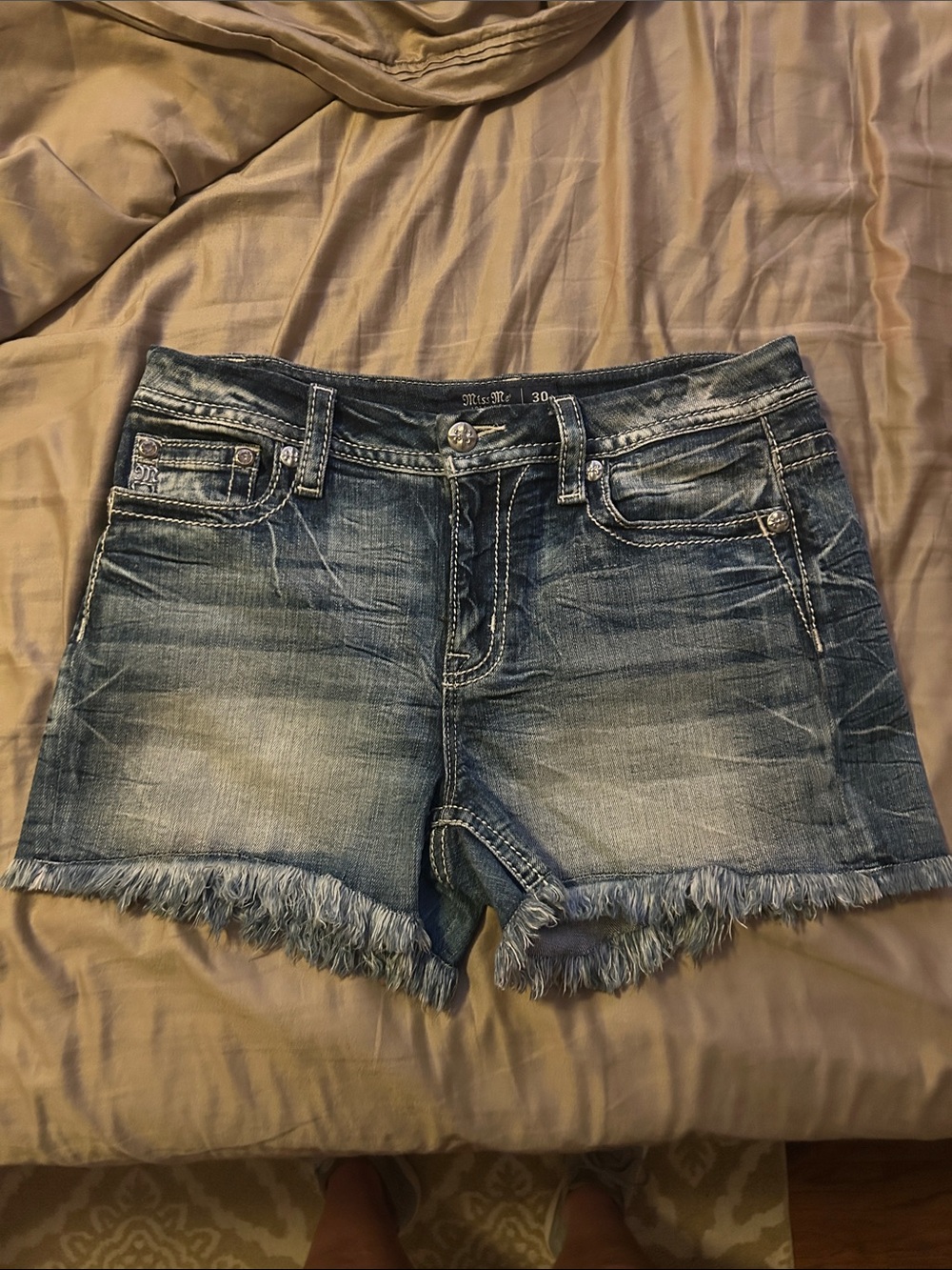 Miss Me Distressed Light Blue Denim Shorts with Frayed Hem